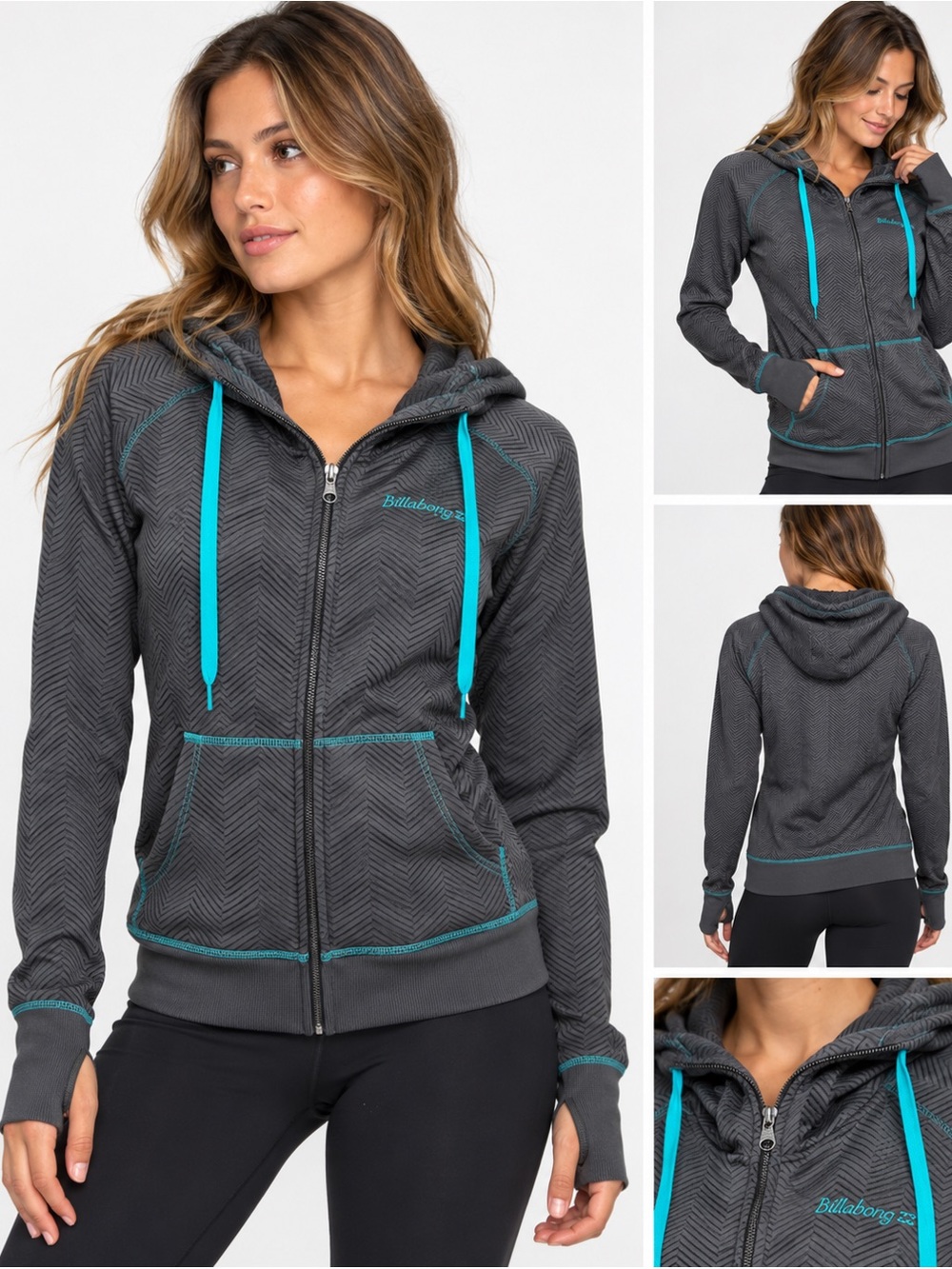 Billabong Chevron Fleece Full-Zip Tech Hoodie Jacket Gray Aqua Medium